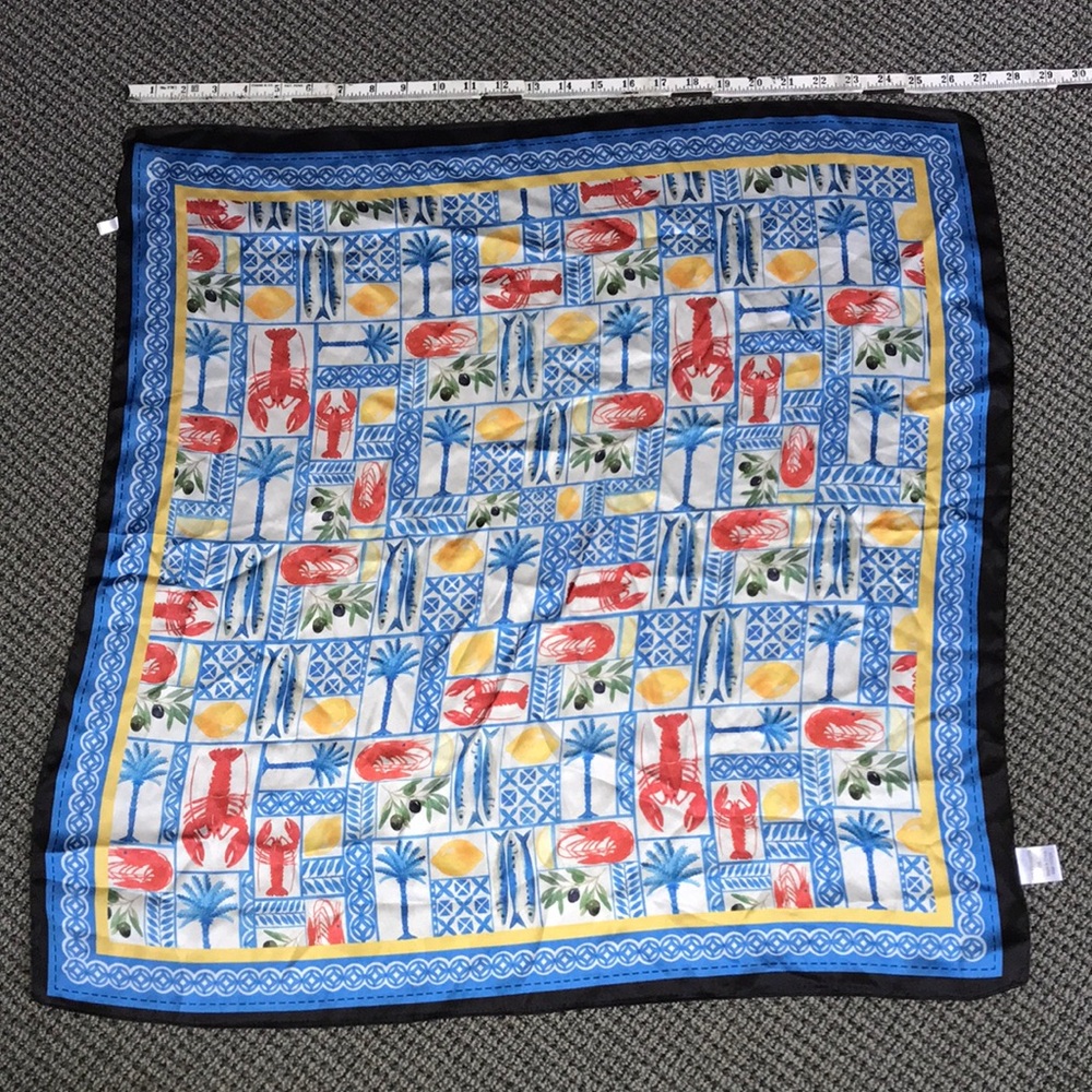 Lobster & Palm Print Silk Square Scarf - Blue, Yellow & Red